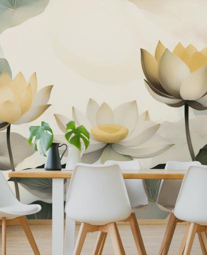 peinture murale florale jaune, blanche et verte intitulée Petals of Zen de Marina Stupakova pour les chambres et les salons peinture murale florale jaune, blanche et verte intitulée Petals of Zen de Marina Stupakova pour les chambres et les salons