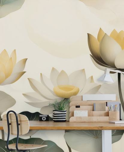 peinture murale florale jaune, blanche et verte intitulée Petals of Zen de Marina Stupakova pour les chambres et les salons