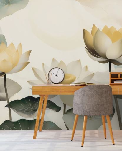 murale floreale giallo, bianco e verde chiamato Petals of Zen di Marina Stupakova per camere da letto e salotti