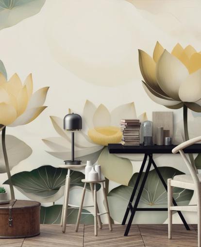 gelbes, weißes und grünes Blumengemälde namens Petals of Zen von Marina Stupakova für Schlafzimmer und Wohnzimmer