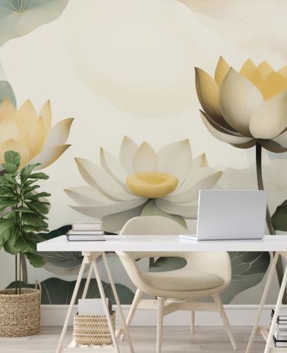 gele, witte en groene bloemenmuurschildering genaamd Petals of Zen van Marina Stupakova voor slaapkamers en woonkamers
