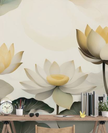 gul, vit och grön blommig väggmålning kallad Petals of Zen av Marina Stupakova för sovrum och vardagsrum gul, vit och grön blommig väggmålning kallad Petals of Zen av Marina Stupakova för sovrum och vardagsrum