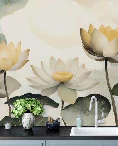 keltainen, valkoinen ja vihreä kukka-seinämaalaus nimeltä Petals of Zen, kirjoittanut Marina Stupakova makuuhuoneisiin ja olohuoneisiin keltainen, valkoinen ja vihreä kukka-seinämaalaus nimeltä Petals of Zen, kirjoittanut Marina Stupakova makuuhuoneisiin ja olohuoneisiin