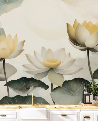 yellow, white and green floral mural called Petals of Zen by Marina Stupakova for bedrooms and living rooms