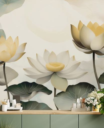 yellow, white and green floral mural called Petals of Zen by Marina Stupakova for bedrooms and living rooms