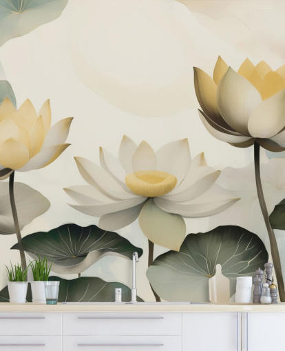 yellow, white and green floral mural called Petals of Zen by Marina Stupakova for bedrooms and living rooms