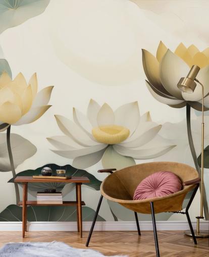 murale floreale giallo, bianco e verde chiamato Petals of Zen di Marina Stupakova per camere da letto e salotti