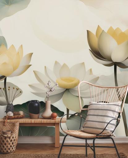 murale floreale giallo, bianco e verde chiamato Petals of Zen di Marina Stupakova per camere da letto e salotti