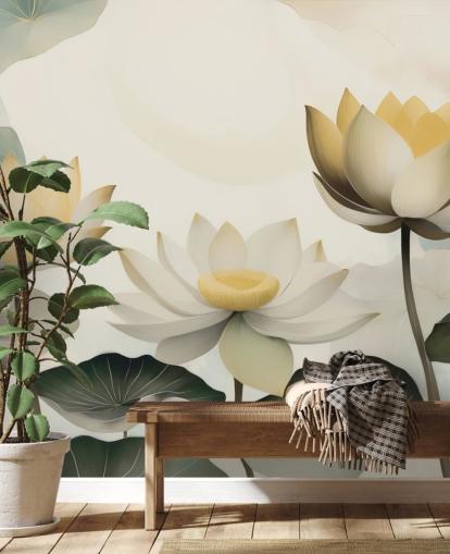 gul, hvid og grøn blomstermaleri kaldet Petals of Zen af Marina Stupakova til soveværelser og stuer