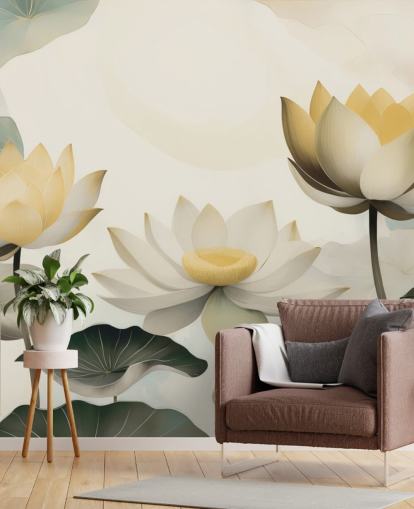 gul, vit och grön blommig väggmålning kallad Petals of Zen av Marina Stupakova för sovrum och vardagsrum gul, vit och grön blommig väggmålning kallad Petals of Zen av Marina Stupakova för sovrum och vardagsrum