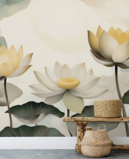 mural floral amarillo, blanco y verde llamado Petals of Zen de Marina Stupakova para dormitorios y salas de estar