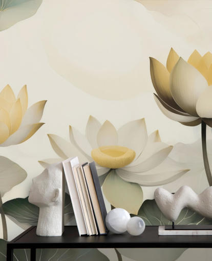 gele, witte en groene bloemenmuurschildering genaamd Petals of Zen van Marina Stupakova voor slaapkamers en woonkamers