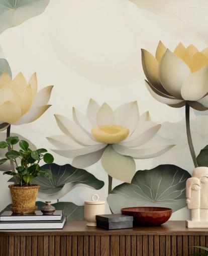 mural floral amarillo, blanco y verde llamado Petals of Zen de Marina Stupakova para dormitorios y salas de estar