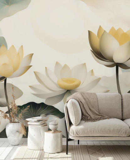 gelbes, weißes und grünes Blumengemälde namens Petals of Zen von Marina Stupakova für Schlafzimmer und Wohnzimmer