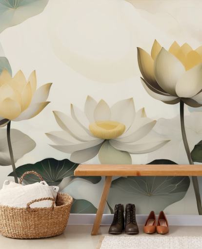 gele, witte en groene bloemenmuurschildering genaamd Petals of Zen van Marina Stupakova voor slaapkamers en woonkamers gele, witte en groene bloemenmuurschildering genaamd Petals of Zen van Marina Stupakova voor slaapkamers en woonkamers