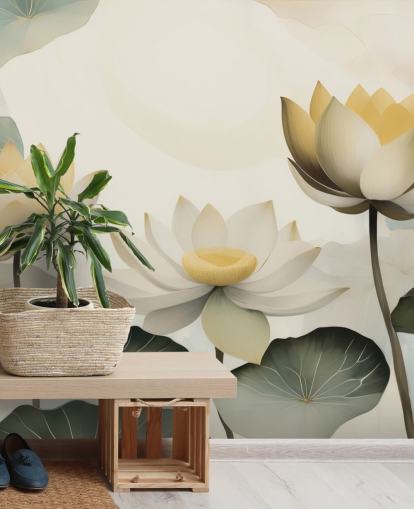 gul, vit och grön blommig väggmålning kallad Petals of Zen av Marina Stupakova för sovrum och vardagsrum