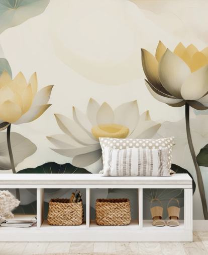 mural floral amarelo, branco e verde chamado Petals of Zen de Marina Stupakova para quartos e salas de estar