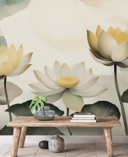 yellow, white and green floral mural called Petals of Zen by Marina Stupakova for bedrooms and living rooms