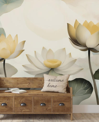 peinture murale florale jaune, blanche et verte intitulée Petals of Zen de Marina Stupakova pour les chambres et les salons