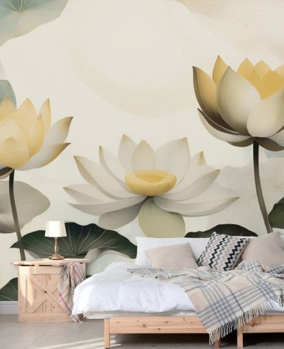 mural floral amarelo, branco e verde chamado Petals of Zen de Marina Stupakova para quartos e salas de estar mural floral amarelo, branco e verde chamado Petals of Zen de Marina Stupakova para quartos e salas de estar