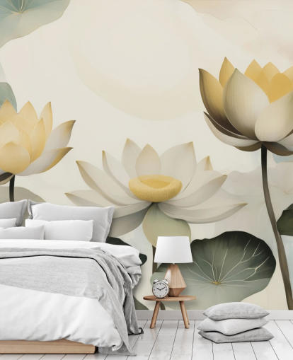 mural floral amarelo, branco e verde chamado Petals of Zen de Marina Stupakova para quartos e salas de estar mural floral amarelo, branco e verde chamado Petals of Zen de Marina Stupakova para quartos e salas de estar