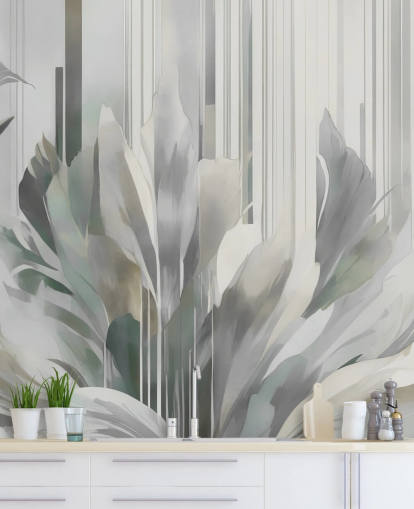 peinture murale florale abstraite grise appelée Poetry of Motion Grey de Marina Stupakova pour les couloirs et les salles à manger