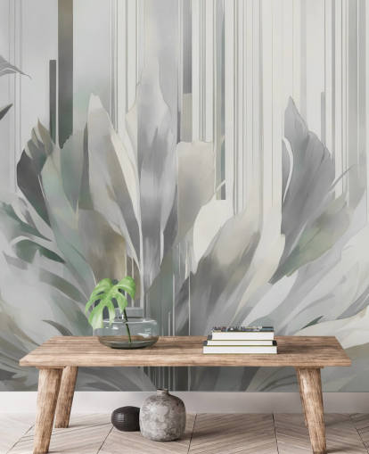 grijze abstracte bloemenmuurschildering genaamd Poetry of Motion Grey van Marina Stupakova voor gangen en eetkamers