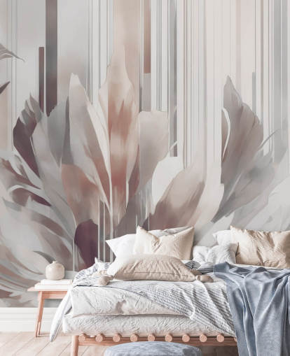 peach and grey abstract floral mural called Poetry of Motion Peach by Marina Stupakova for dining rooms and bedrooms