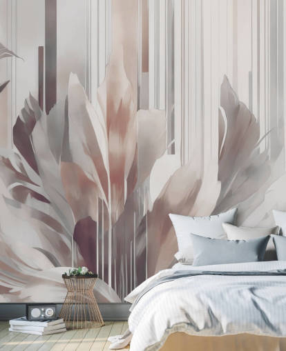 mural floral abstrato de pêssego e cinza chamado Poetry of Motion Peach de Marina Stupakova para salas de jantar e quartos