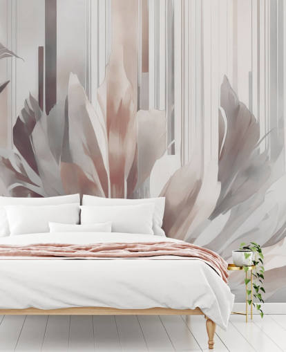 mural floral abstrato de pêssego e cinza chamado Poetry of Motion Peach de Marina Stupakova para salas de jantar e quartos