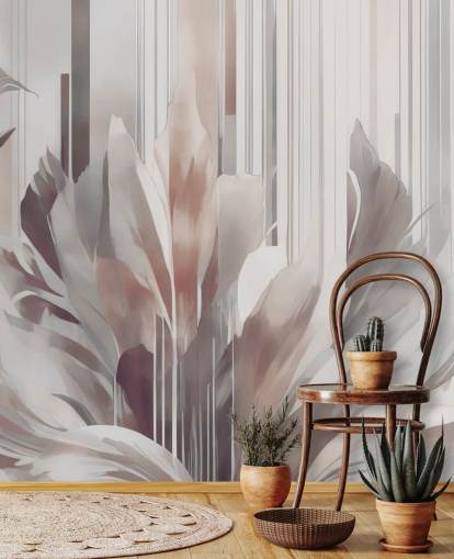 fersken og grått abstrakt blomstermaleri kalt Poetry of Motion Peach av Marina Stupakova for spisestuer og soverom