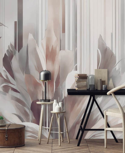 peach and grey abstract floral mural called Poetry of Motion Peach by Marina Stupakova for dining rooms and bedrooms
