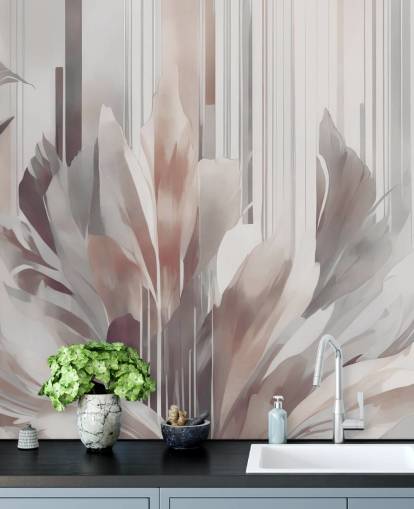 peach and gray abstract floral mural called Poetry of Motion Peach by Marina Stupakova for dining rooms and bedrooms