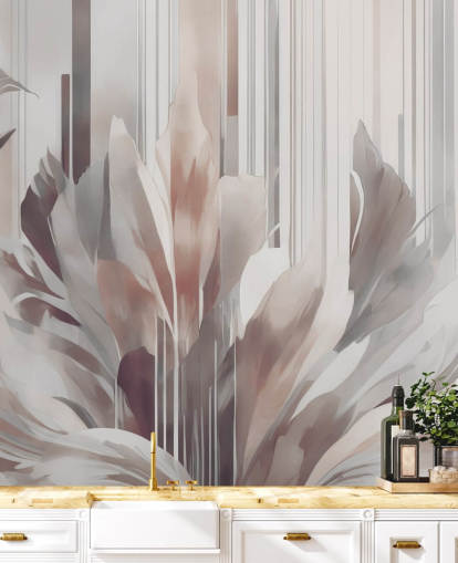 perzik en grijze abstracte bloemenmuurschildering genaamd Poetry of Motion Peach van Marina Stupakova voor eetkamers en slaapkamers