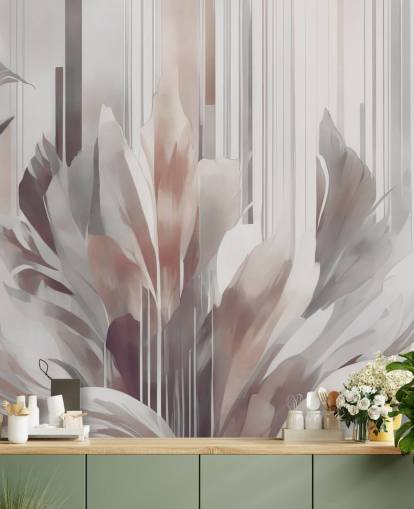 peach and gray abstract floral mural called Poetry of Motion Peach by Marina Stupakova for dining rooms and bedrooms
