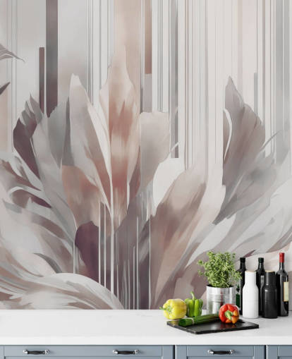 mural floral abstracto de melocotón y gris llamado Poetry of Motion Peach de Marina Stupakova para comedores y dormitorios mural floral abstracto de melocotón y gris llamado Poetry of Motion Peach de Marina Stupakova para comedores y dormitorios