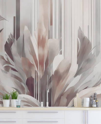 pfirsichfarbenes und graues abstraktes Blumenwandbild namens Poetry of Motion Peach von Marina Stupakova für Esszimmer und Schlafzimmer