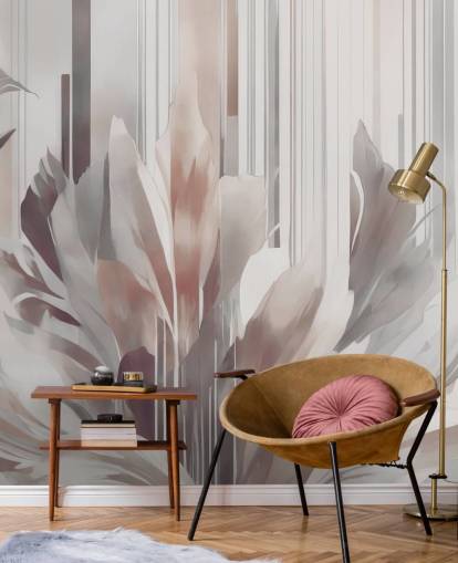 mural floral abstracto de melocotón y gris llamado Poetry of Motion Peach de Marina Stupakova para comedores y dormitorios