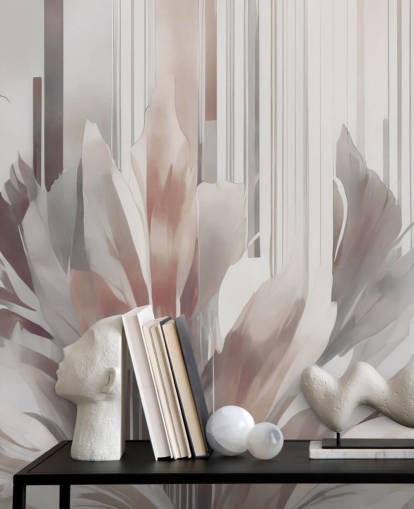 peach and grey abstract floral mural called Poetry of Motion Peach by Marina Stupakova for dining rooms and bedrooms