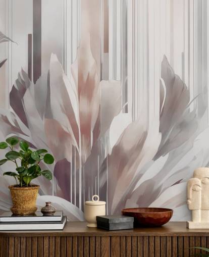 mural floral abstracto de melocotón y gris llamado Poetry of Motion Peach de Marina Stupakova para comedores y dormitorios