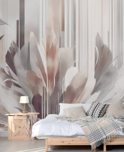 mural floral abstracto de melocotón y gris llamado Poetry of Motion Peach de Marina Stupakova para comedores y dormitorios