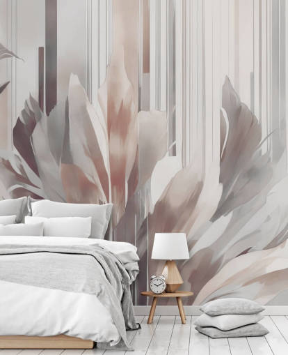 peach and gray abstract floral mural called Poetry of Motion Peach by Marina Stupakova for dining rooms and bedrooms