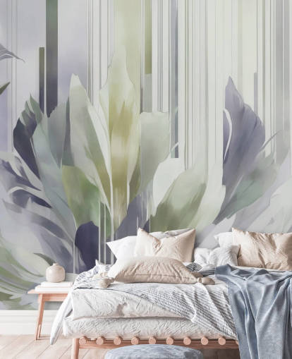 murale floreale astratto grigio e verde chiamato Poetry of Motion Slate and Sage di Marina Stupakova