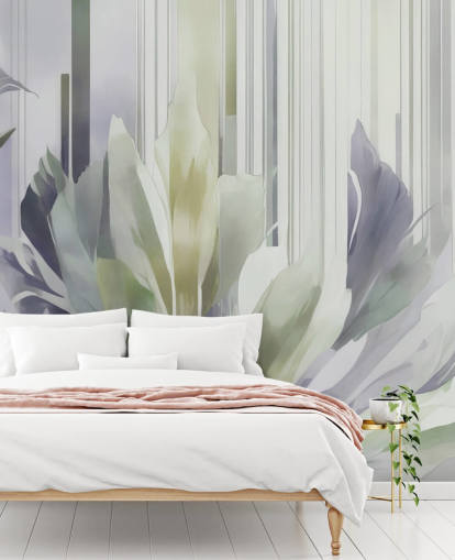 grey and green abstract floral mural called Poetry of Motion Slate and Sage by Marina Stupakova