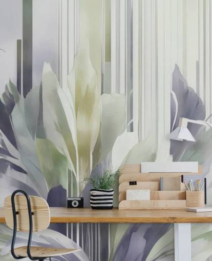 gray and green abstract floral mural called Poetry of Motion Slate and Sage by Marina Stupakova