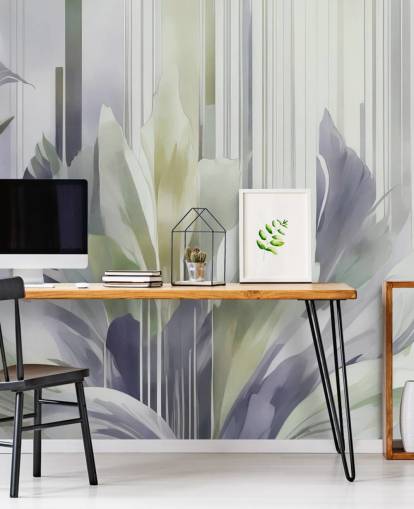 mural floral abstrato cinza e verde chamado Poetry of Motion Slate and Sage de Marina Stupakova