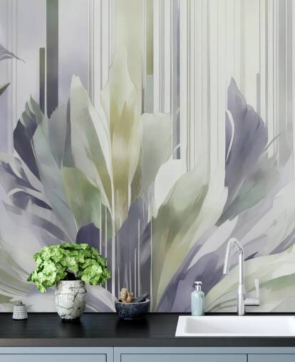 grijze en groene abstracte bloemenmuurschildering genaamd Poetry of Motion Slate and Sage van Marina Stupakova grijze en groene abstracte bloemenmuurschildering genaamd Poetry of Motion Slate and Sage van Marina Stupakova