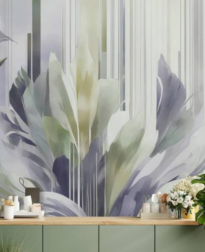 peinture murale florale abstraite grise et verte intitulée Poetry of Motion Slate and Sage de Marina Stupakova