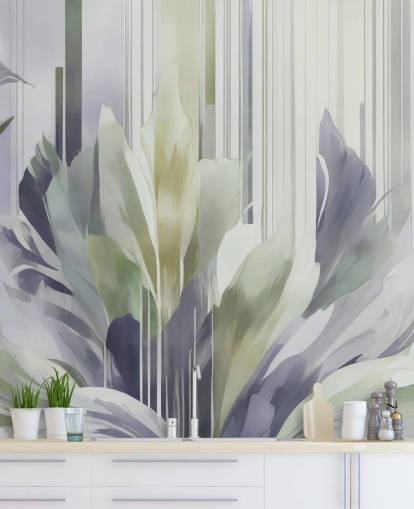 mural floral abstrato cinza e verde chamado Poetry of Motion Slate and Sage de Marina Stupakova