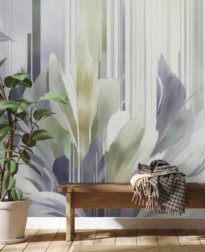 grey and green abstract floral mural called Poetry of Motion Slate and Sage by Marina Stupakova